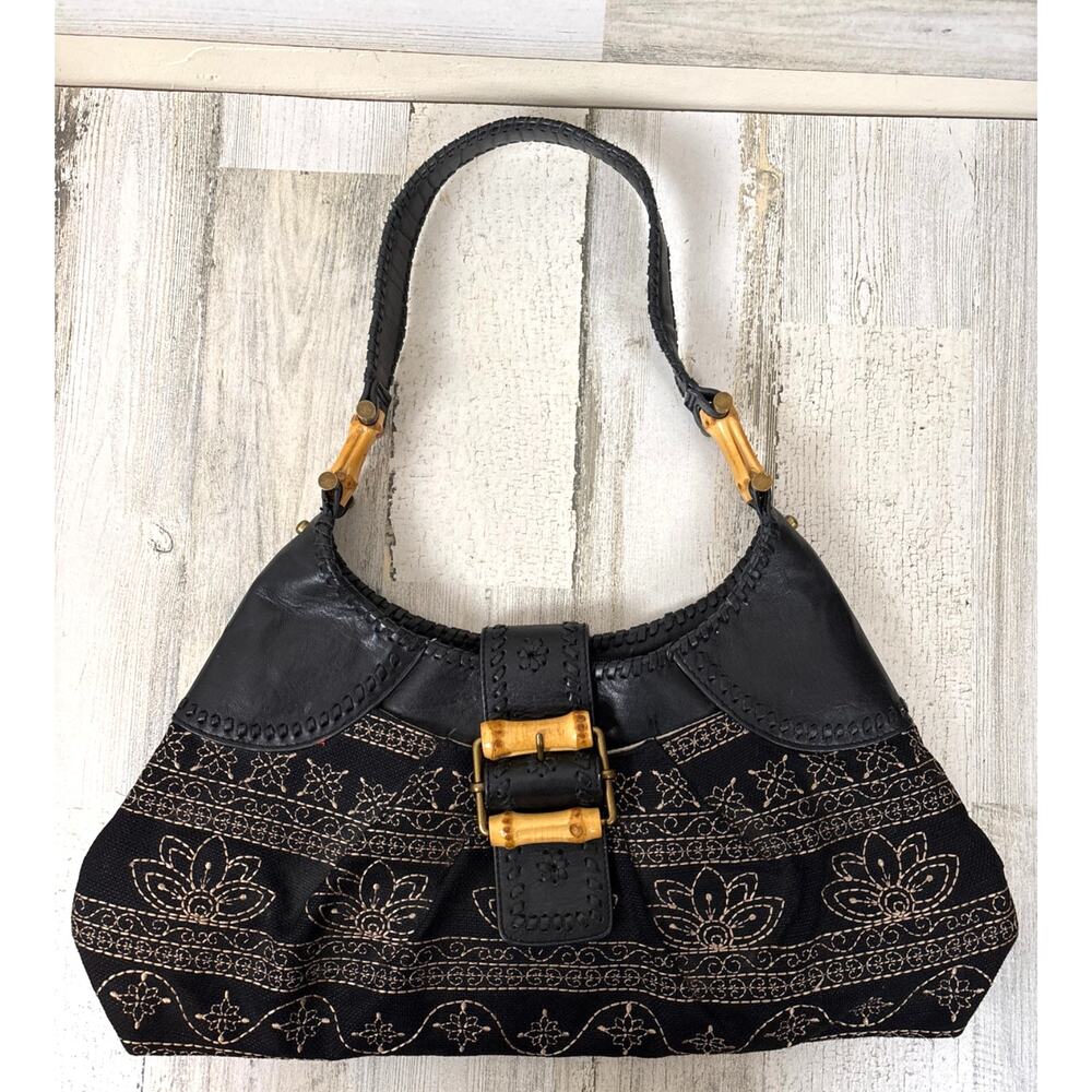 Kate Landry Black Tan Embroidered Leather Shoulder Bag Boho Artisan Chic